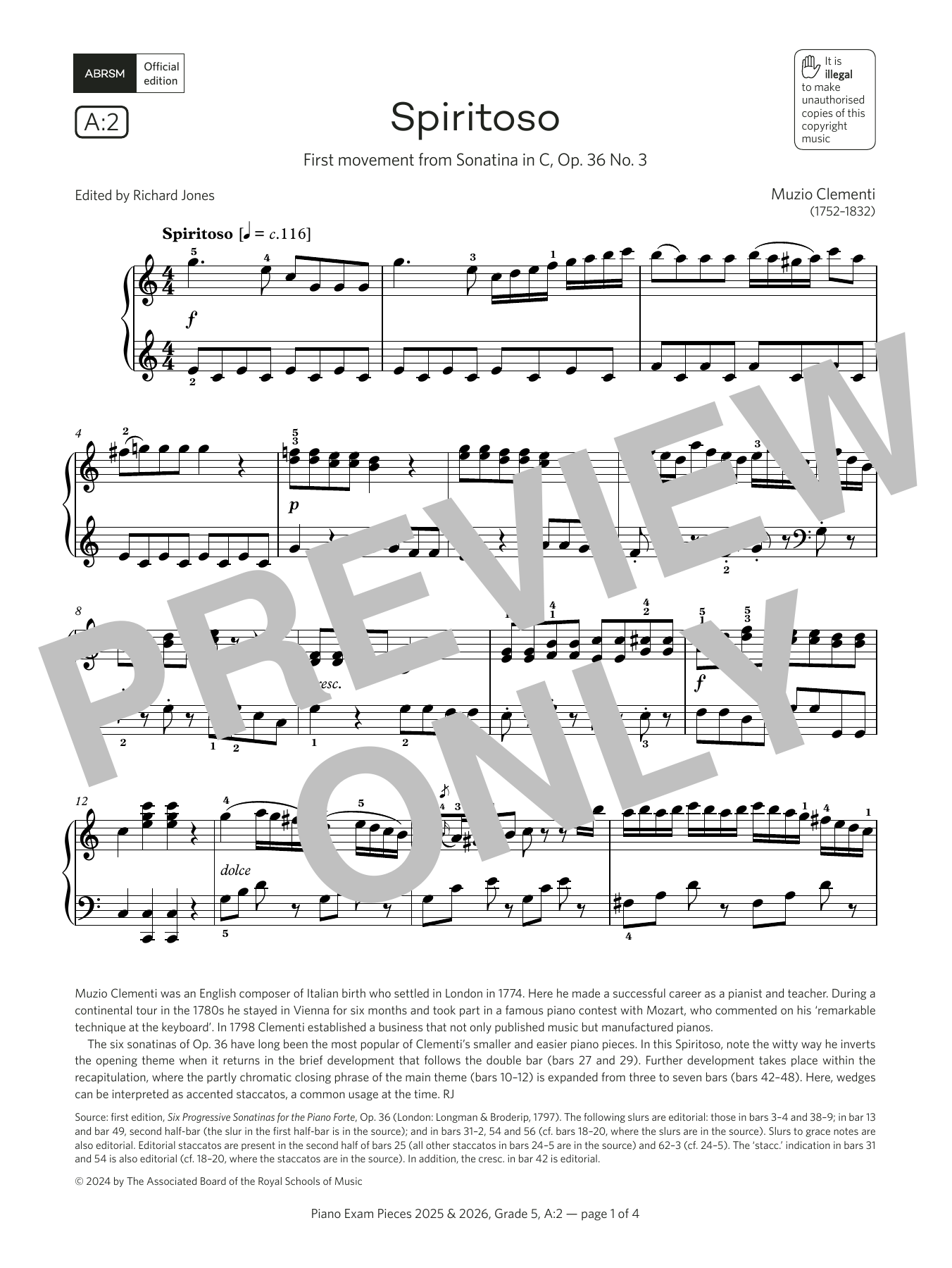 Muzio Clementi Spiritoso (Grade 5, list A2, from the ABRSM Piano Syllabus 2025 & 2026) sheet music notes and chords. Download Printable PDF.