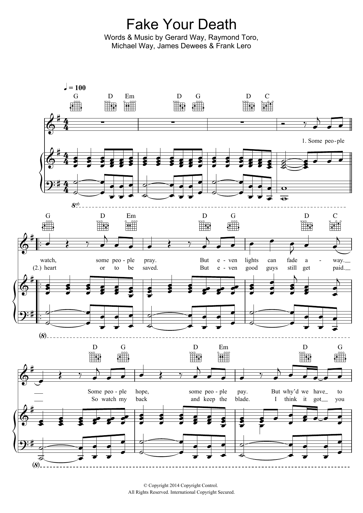 Learn to play My Chemical Romance Fake Your Death sheet music for Piano, Vocal & Guitar Chords in minutes. Price: 7.8900$ My Chemical Romance Fake Your Death sheet music notes and chords arranged for Piano, Vocal & Guitar Chords