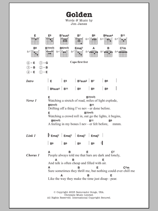 Learn to play My Morning Jacket Golden sheet music for Guitar Chords/Lyrics in minutes. Price: 4.4900$ My Morning Jacket Golden sheet music notes and chords arranged for Guitar Chords/Lyrics