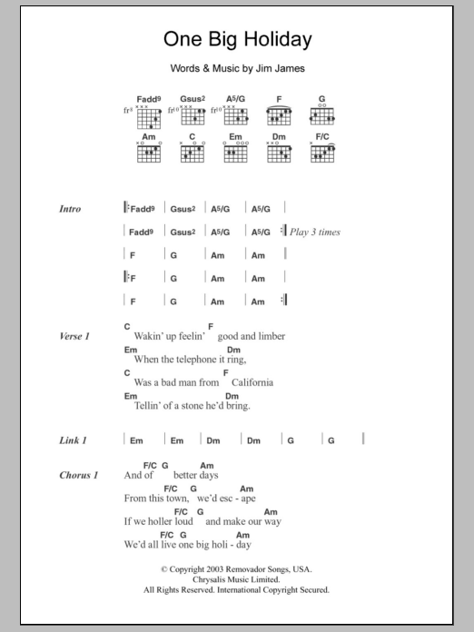 My Morning Jacket One Big Holiday sheet music notes and chords arranged for Guitar Chords/Lyrics