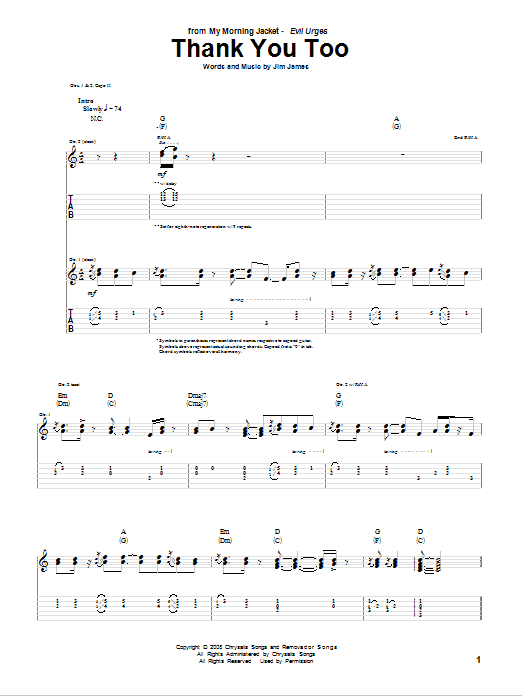 Learn to play My Morning Jacket Thank You Too sheet music for Guitar Tab in minutes. Price: 7.8900$ My Morning Jacket Thank You Too sheet music notes and chords arranged for Guitar Tab
