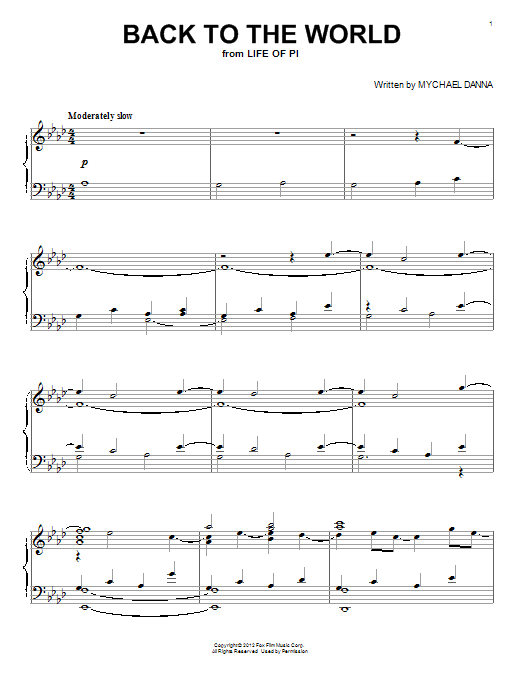 Learn to play Mychael Danna Back To The World sheet music for Piano Solo in minutes. Price: 7.8900$ Mychael Danna Back To The World sheet music notes and chords arranged for Piano Solo