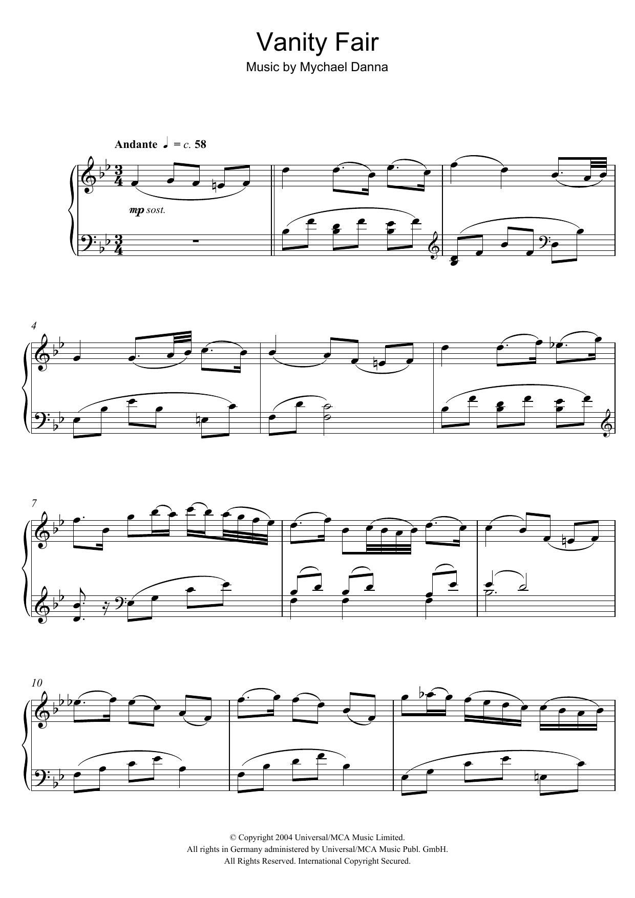 Mychael Danna Vanity Fair (She Walks In Beauty/Andante/Adagio/Vanity's Conqueror) sheet music notes and chords arranged for Piano Solo