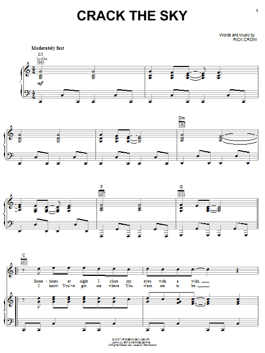 Mylon LeFevre Crack The Sky sheet music notes and chords arranged for Piano, Vocal & Guitar Chords (Right-Hand Melody)