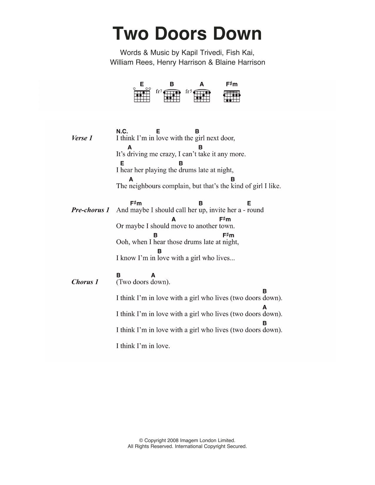 Mystery Jets Two Doors Down sheet music notes and chords. Download Printable PDF.