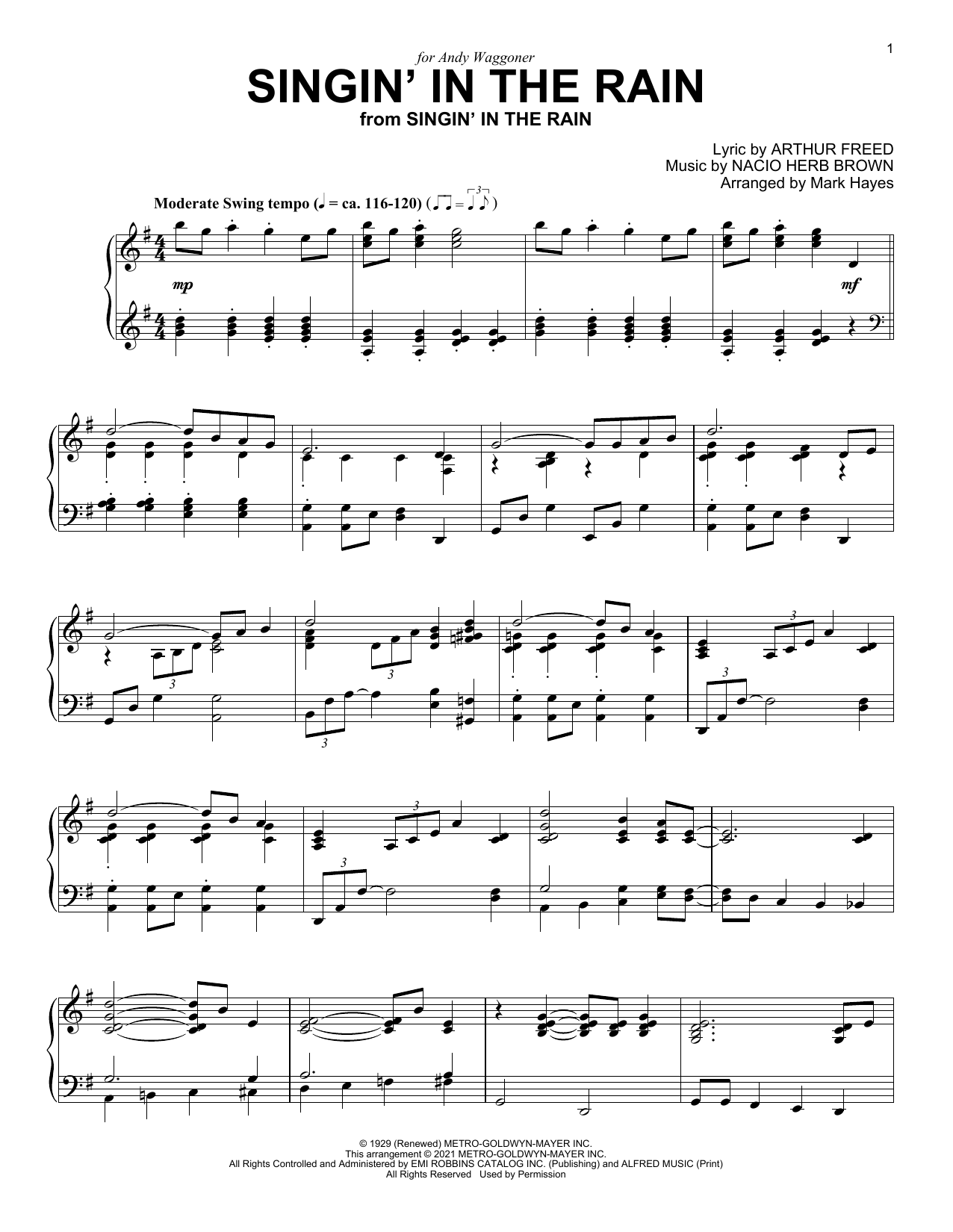 Learn to play Nacio Herb Brown Singin' In The Rain (from Singin' In The Rain) (arr. Mark Hayes) sheet music for Piano Solo in minutes. Price: 7.8900$ Nacio Herb Brown Singin' In The Rain (from Singin' In The Rain) (arr. Mark Hayes) sheet music notes and chords arranged for Piano Solo