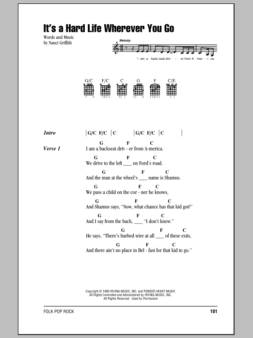 Nanci Griffith It's A Hard Life Wherever You Go sheet music notes and chords. Download Printable PDF.