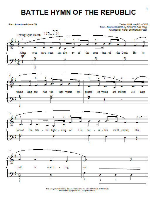 Learn to play Nancy and Randall Faber Battle Hymn of the Republic sheet music for Piano Adventures in minutes. Price: 5.9900$ Nancy and Randall Faber Battle Hymn of the Republic sheet music notes and chords arranged for Piano Adventures