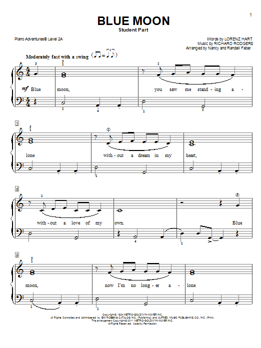 Nancy and Randall Faber Blue Moon sheet music notes and chords. Download Printable PDF.