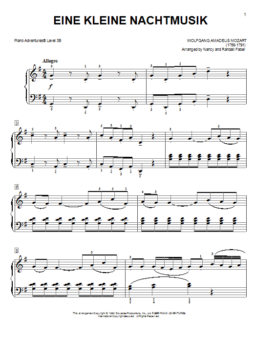Learn to play Nancy and Randall Faber Eine kleine Nachtmusik sheet music for Piano Adventures in minutes. Price: 5.9900$ Nancy and Randall Faber Eine kleine Nachtmusik sheet music notes and chords arranged for Piano Adventures
