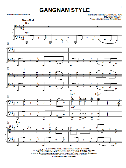 Learn to play Nancy and Randall Faber Gangnam Style sheet music for Piano Adventures in minutes. Price: 6.9900$ Nancy and Randall Faber Gangnam Style sheet music notes and chords arranged for Piano Adventures