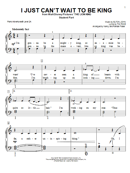 Nancy and Randall Faber I Just Can't Wait to Be King sheet music notes and chords. Download Printable PDF.