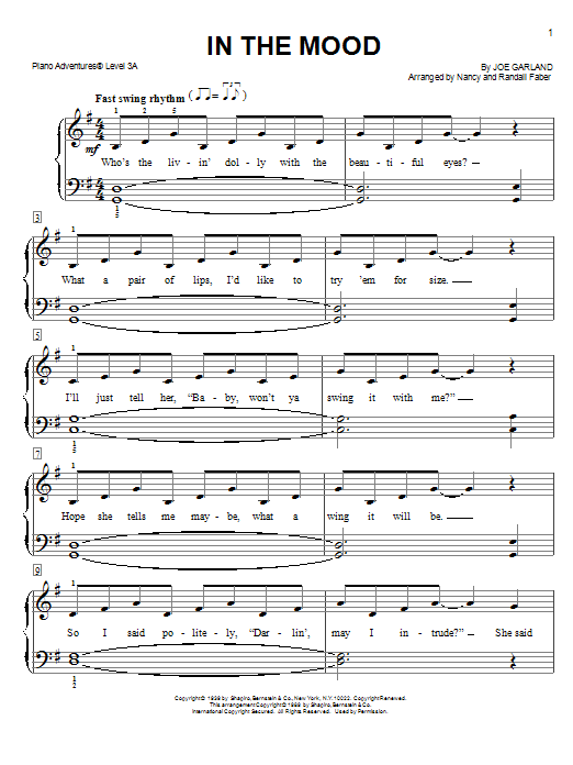 Learn to play Nancy and Randall Faber In the Mood sheet music for Piano Adventures in minutes. Price: 5.9900$ Nancy and Randall Faber In the Mood sheet music notes and chords arranged for Piano Adventures