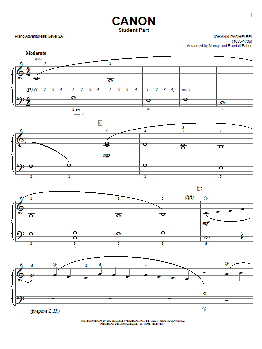 Learn to play Nancy and Randall Faber Pachelbel's Canon sheet music for Piano Adventures in minutes. Price: 4.4900$ Nancy and Randall Faber Pachelbel's Canon sheet music notes and chords arranged for Piano Adventures