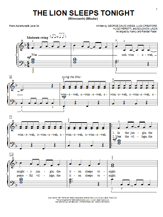 Nancy and Randall Faber The Lion Sleeps Tonight sheet music notes and chords. Download Printable PDF.