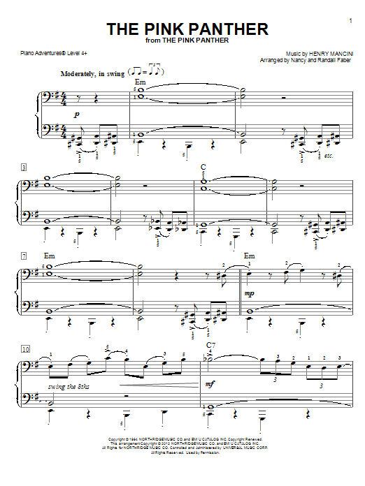 Learn to play Nancy and Randall Faber The Pink Panther sheet music for Piano Adventures in minutes. Price: 6.9900$ Nancy and Randall Faber The Pink Panther sheet music notes and chords arranged for Piano Adventures