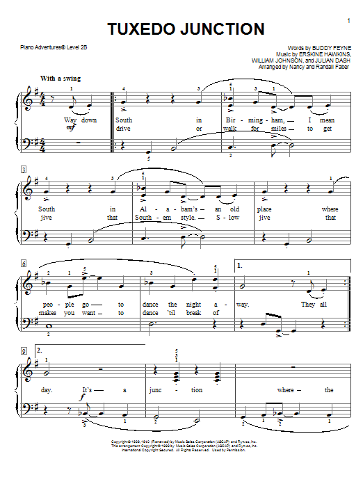 Learn to play Nancy and Randall Faber Tuxedo Junction sheet music for Piano Adventures in minutes. Price: 5.9900$ Nancy and Randall Faber Tuxedo Junction sheet music notes and chords arranged for Piano Adventures