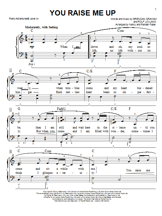 Nancy and Randall Faber You Raise Me Up sheet music notes and chords. Download Printable PDF.