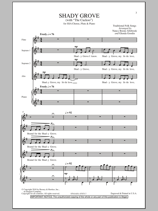 Learn to play Traditional Folksong Shady Grove (with The Cuckoo) (arr. Nancy Boone Allsbrook) sheet music for SSA Choir in minutes. Price: 3.9900$ Traditional Folksong Shady Grove (with The Cuckoo) (arr. Nancy Boone Allsbrook) sheet music notes and chords arranged for SSA Choir