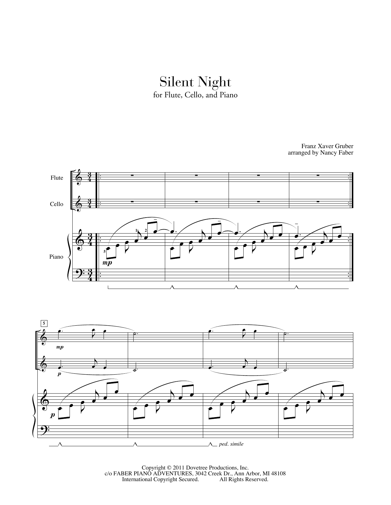 Learn to play Nancy Faber Silent Night (for Flute, Cello, Piano) sheet music for Piano Adventures in minutes. Price: 11.9700$ Nancy Faber Silent Night (for Flute, Cello, Piano) sheet music notes and chords arranged for Piano Adventures