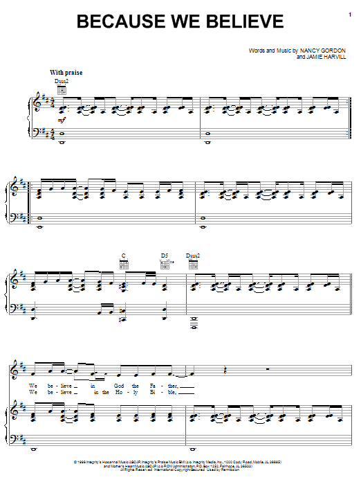 Learn to play Nancy Gordon Because We Believe sheet music for Piano, Vocal & Guitar Chords (Right-Hand Melody) in minutes. Price: 7.8900$ Nancy Gordon Because We Believe sheet music notes and chords arranged for Piano, Vocal & Guitar Chords (Right-Hand Melody)