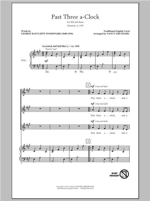 Traditional Carol Past Three A Clock (arr. Nancy Grundahl) sheet music notes and chords. Download Printable PDF.