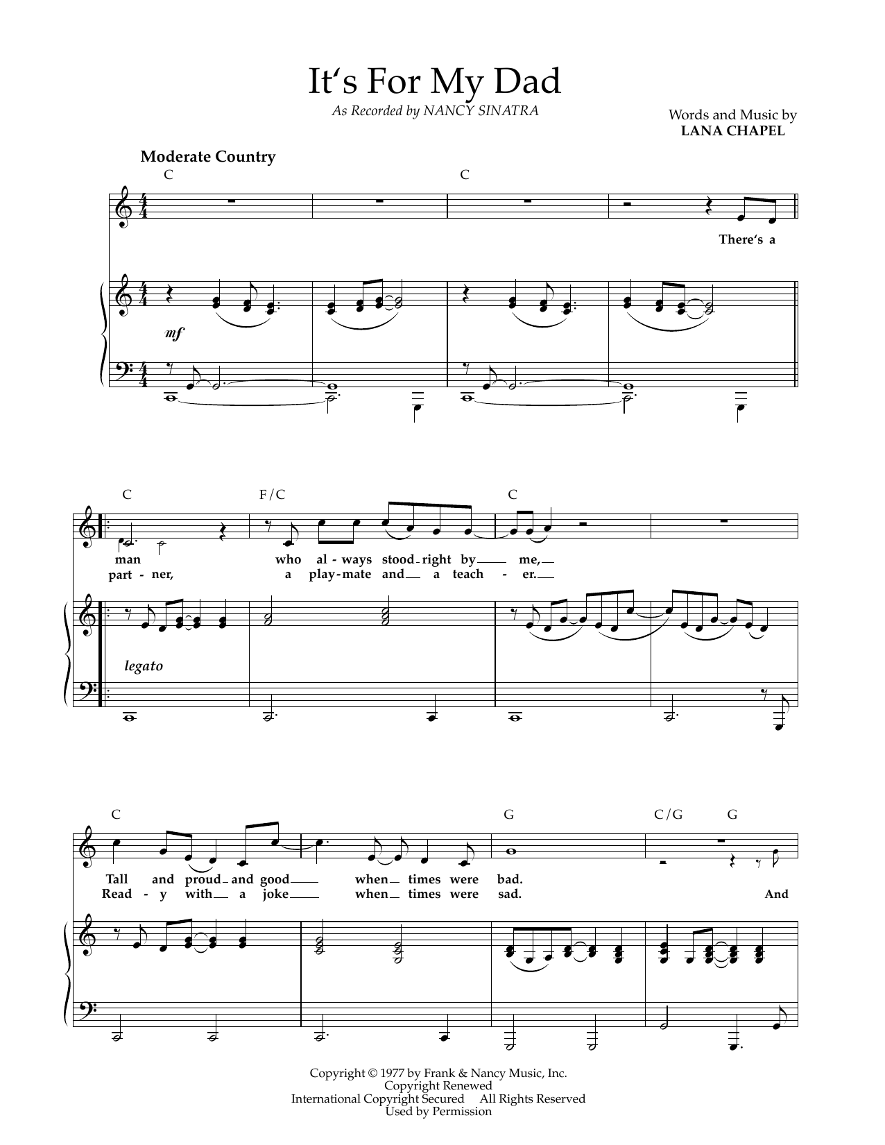 Learn to play Nancy Sinatra It's For My Dad sheet music for Piano & Vocal in minutes. Price: 7.8900$ Nancy Sinatra It's For My Dad sheet music notes and chords arranged for Piano & Vocal