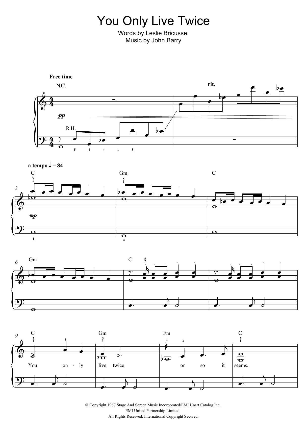 Learn to play Nancy Sinatra You Only Live Twice (theme from the James Bond film) sheet music for Easy Piano in minutes. Price: 6.9900$ Nancy Sinatra You Only Live Twice (theme from the James Bond film) sheet music notes and chords arranged for Easy Piano