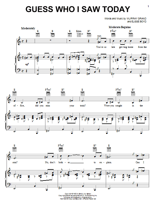 Learn to play Nancy Wilson Guess Who I Saw Today sheet music for Piano, Vocal & Guitar Chords (Right-Hand Melody) in minutes. Price: 7.8900$ Nancy Wilson Guess Who I Saw Today sheet music notes and chords arranged for Piano, Vocal & Guitar Chords (Right-Hand Melody)
