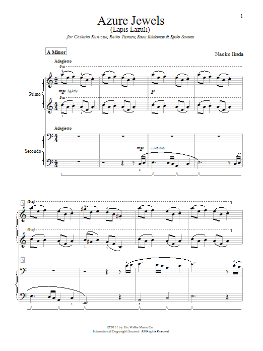 Learn to play Naoko Ikeda Azure Jewels sheet music for Piano Duet in minutes. Price: 7.8900$ Naoko Ikeda Azure Jewels sheet music notes and chords arranged for Piano Duet