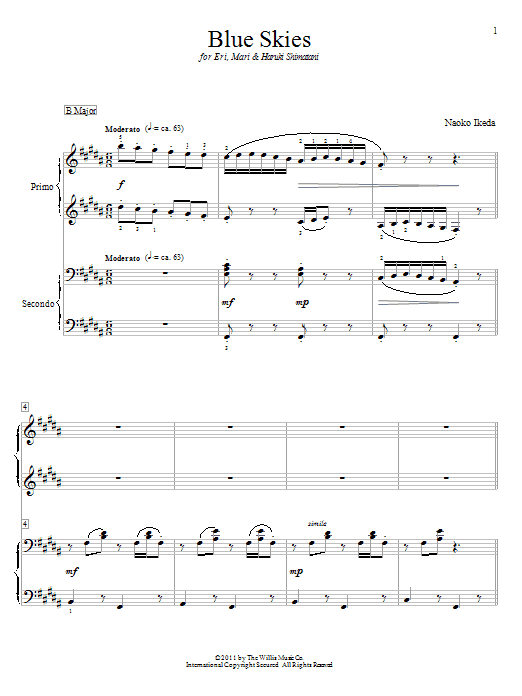 Learn to play Naoko Ikeda Blue Skies sheet music for Piano Duet in minutes. Price: 7.8900$ Naoko Ikeda Blue Skies sheet music notes and chords arranged for Piano Duet