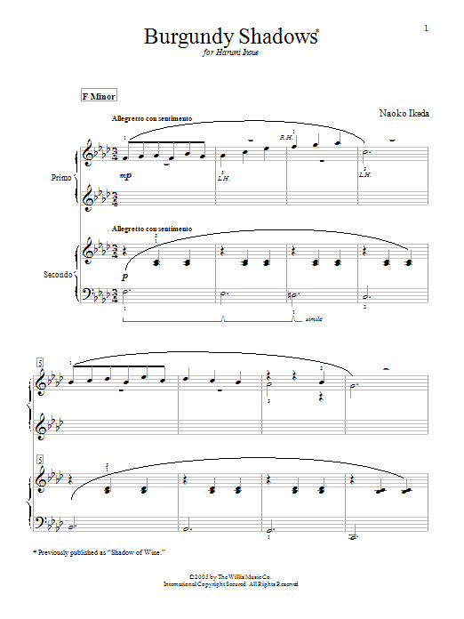 Learn to play Naoko Ikeda Burgundy Shadows (Shadow Of Wine) sheet music for Piano Duet in minutes. Price: 7.8900$ Naoko Ikeda Burgundy Shadows (Shadow Of Wine) sheet music notes and chords arranged for Piano Duet