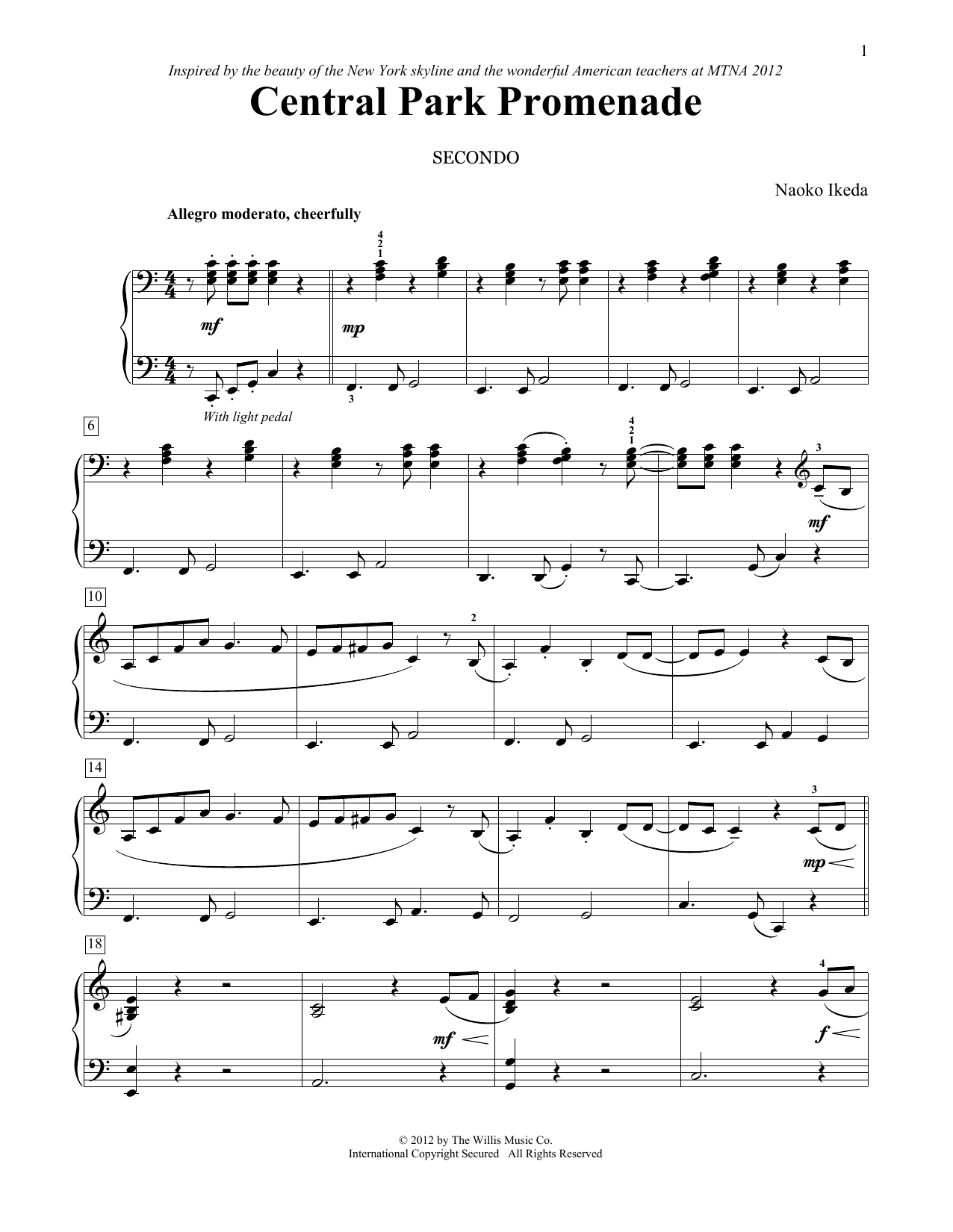 Learn to play Naoko Ikeda Central Park Promenade sheet music for Piano Duet in minutes. Price: 7.8900$ Naoko Ikeda Central Park Promenade sheet music notes and chords arranged for Piano Duet
