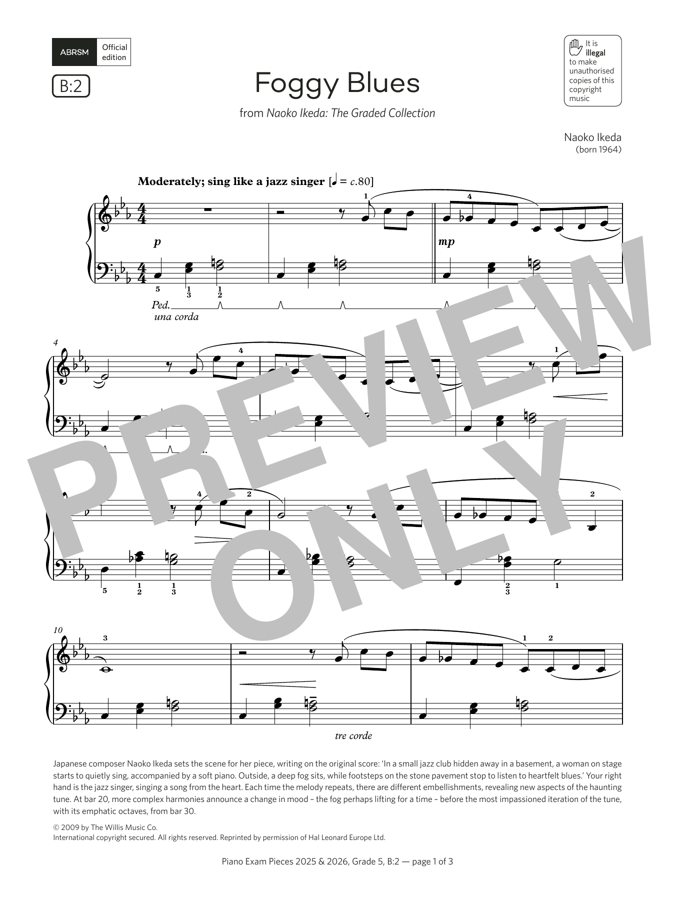 Naoko Ikeda Foggy Blues (Grade 5, list B2, from the ABRSM Piano Syllabus 2025 & 2026) sheet music notes and chords. Download Printable PDF.