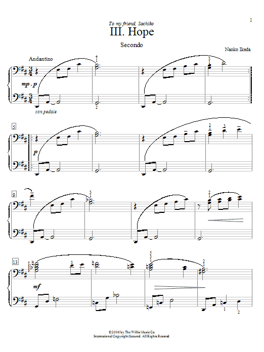 Learn to play Naoko Ikeda Hope sheet music for Piano Duet in minutes. Price: 7.8900$ Naoko Ikeda Hope sheet music notes and chords arranged for Piano Duet