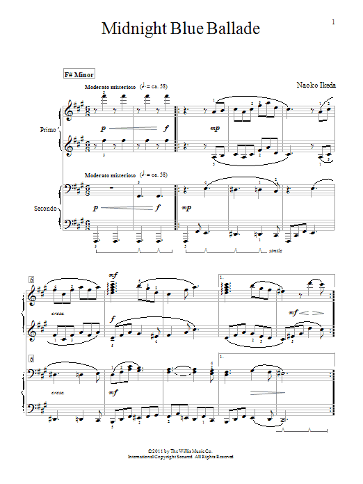 Learn to play Naoko Ikeda Midnight Blue Ballade sheet music for Piano Duet in minutes. Price: 7.8900$ Naoko Ikeda Midnight Blue Ballade sheet music notes and chords arranged for Piano Duet