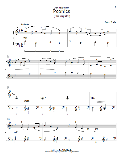 Learn to play Naoko Ikeda Peonies (Shakuyaku) sheet music for Educational Piano in minutes. Price: 6.9900$ Naoko Ikeda Peonies (Shakuyaku) sheet music notes and chords arranged for Educational Piano