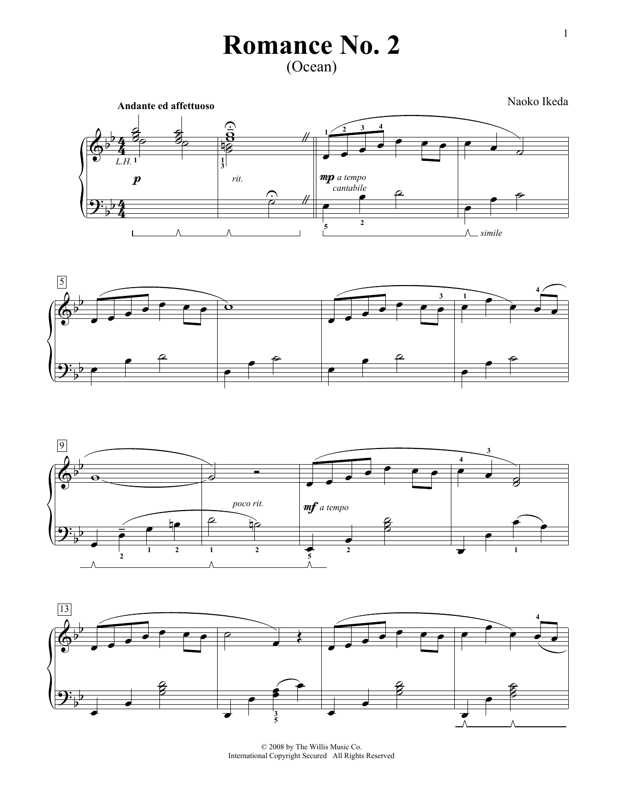 Learn to play Naoko Ikeda Romance No. 2 (Ocean) sheet music for Educational Piano in minutes. Price: 6.9900$ Naoko Ikeda Romance No. 2 (Ocean) sheet music notes and chords arranged for Educational Piano