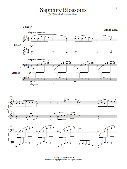 Learn to play Naoko Ikeda Sapphire Blossoms sheet music for Piano Duet in minutes. Price: 7.8900$ Naoko Ikeda Sapphire Blossoms sheet music notes and chords arranged for Piano Duet