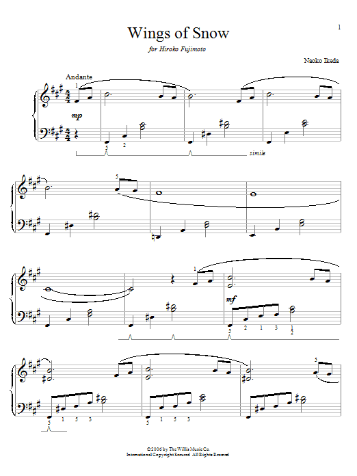 Learn to play Naoko Ikeda Wings Of Snow sheet music for Educational Piano in minutes. Price: 6.9900$ Naoko Ikeda Wings Of Snow sheet music notes and chords arranged for Educational Piano