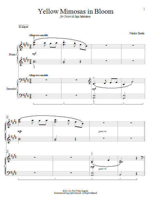 Naoko Ikeda Yellow Mimosas In Bloom sheet music notes and chords arranged for Piano Duet