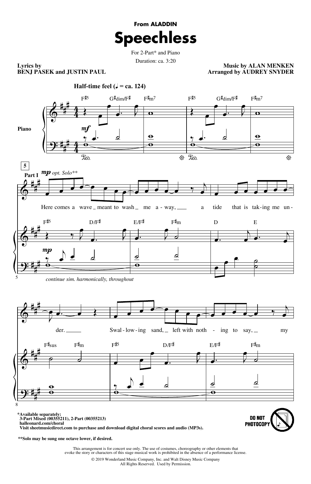 Naomi Scott Speechless (from Disney's Aladdin) (arr. Audrey Snyder) sheet music notes and chords. Download Printable PDF.