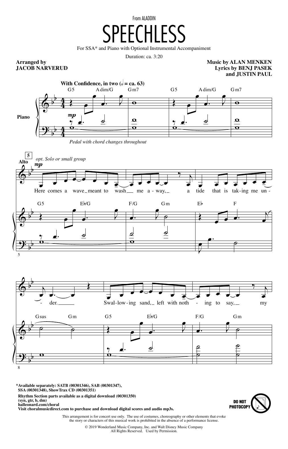 Naomi Scott Speechless (from Disney's Aladdin) (arr. Jacob Narverud) sheet music notes and chords. Download Printable PDF.