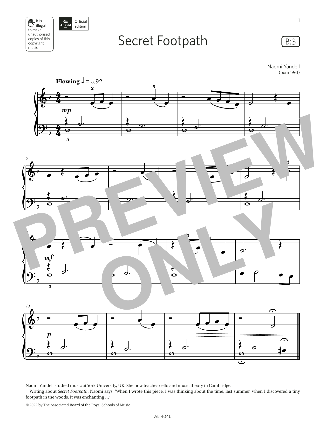 Naomi Yandell Secret Footpath (Grade Initial, list B3, from the ABRSM Piano Syllabus 2023 & 2024) sheet music notes and chords. Download Printable PDF.