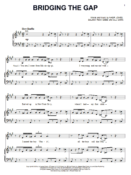 Learn to play Nas Bridging The Gap (feat. Olu Dara) sheet music for Piano, Vocal & Guitar Chords (Right-Hand Melody) in minutes. Price: 7.8900$ Nas Bridging The Gap (feat. Olu Dara) sheet music notes and chords arranged for Piano, Vocal & Guitar Chords (Right-Hand Melody)