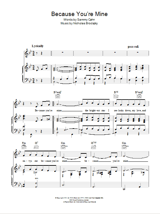 Nat King Cole Because You're Mine sheet music notes and chords arranged for Piano, Vocal & Guitar Chords