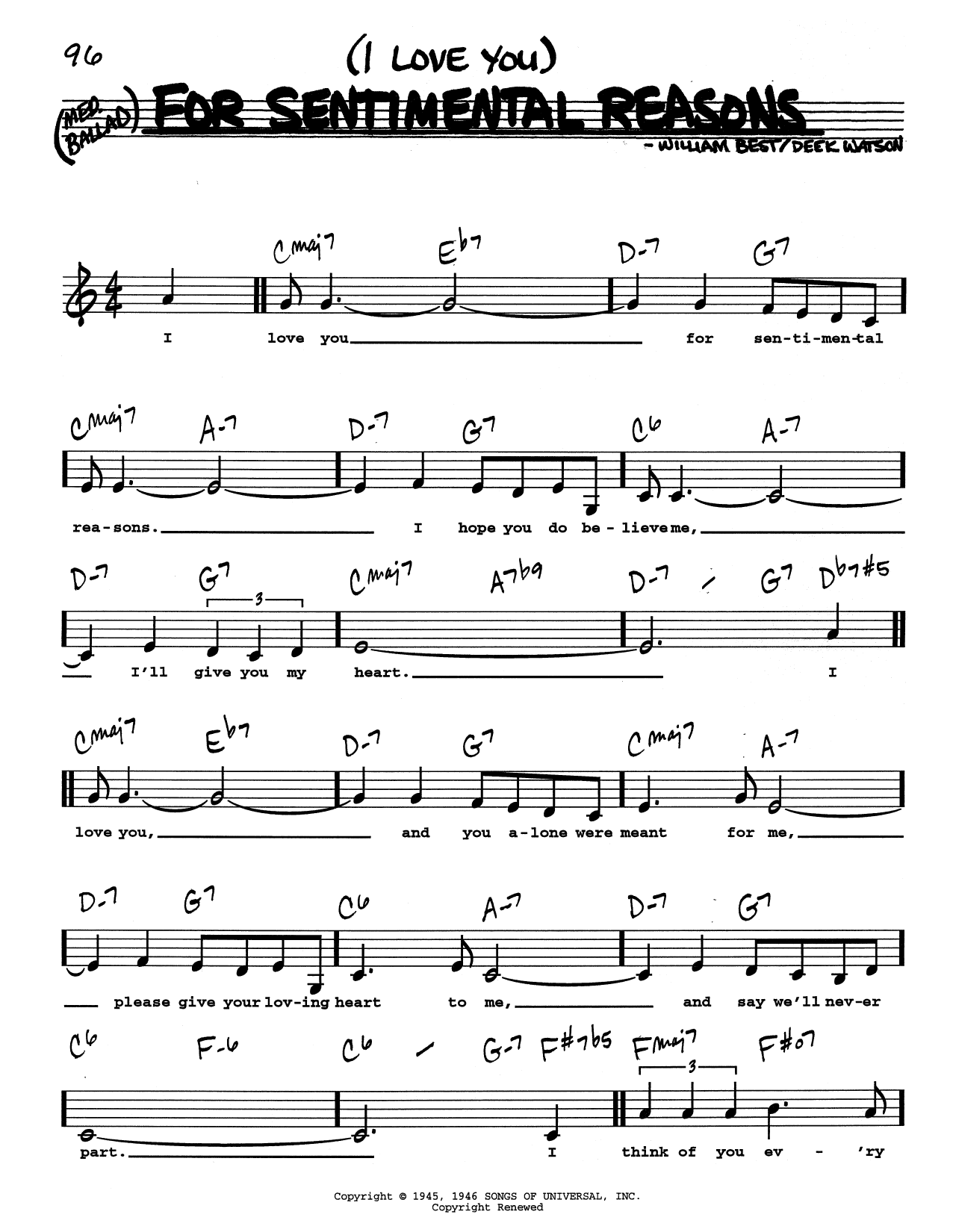 Learn to play Nat King Cole (I Love You) For Sentimental Reasons (Low Voice) sheet music for Real Book – Melody, Lyrics & Chords in minutes. Price: 5.9900$ Nat King Cole (I Love You) For Sentimental Reasons (Low Voice) sheet music notes and chords arranged for Real Book – Melody, Lyrics & Chords