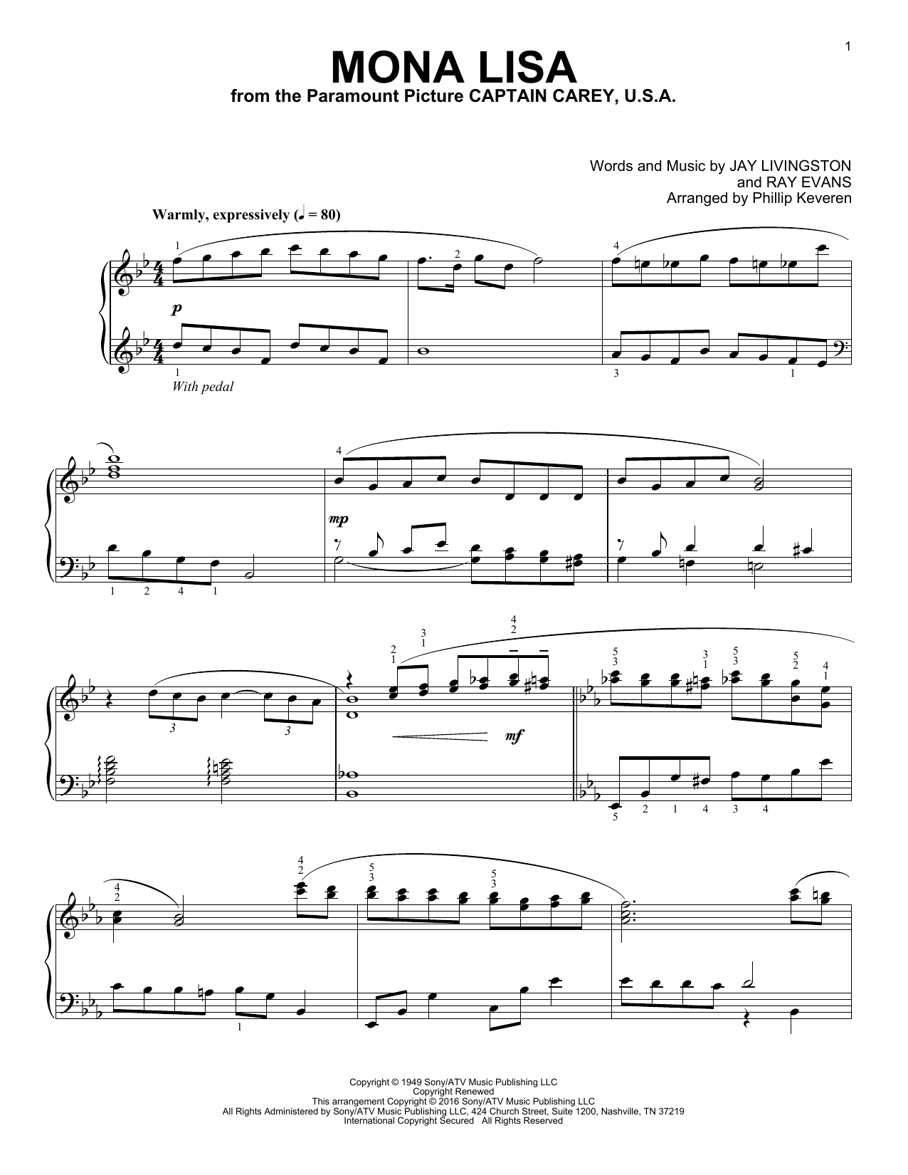 Phillip Keveren Mona Lisa sheet music notes and chords arranged for Piano Solo