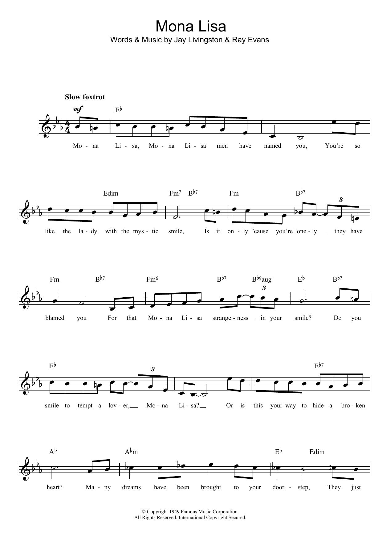 Nat King Cole Mona Lisa sheet music notes and chords. Download Printable PDF.