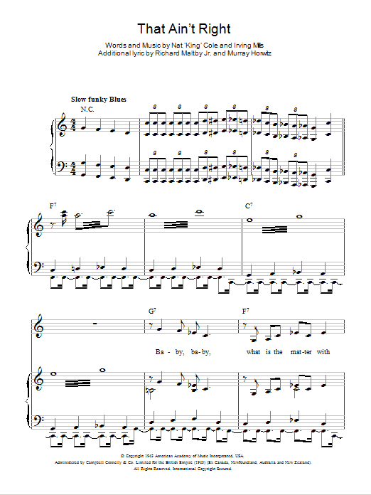 Learn to play Nat King Cole That Ain't Right sheet music for Piano, Vocal & Guitar Chords in minutes. Price: 7.8900$ Nat King Cole That Ain't Right sheet music notes and chords arranged for Piano, Vocal & Guitar Chords